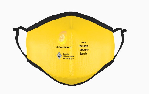 Gelbe Stoffmaske: Aufdruck DHS-Logo, Schriftzug: Schwer hören, ohne Mundbild schwerer denn je